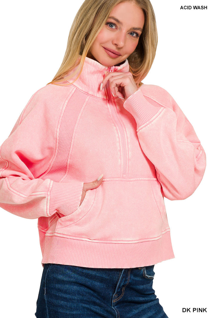 ACID WASHED HALF ZIP FLEECE PULLOVER KANGAROO POCKET