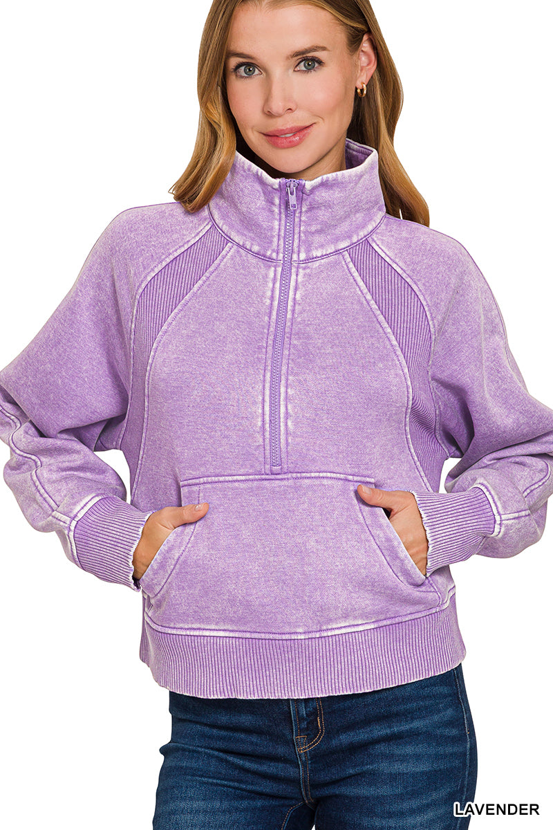 ACID WASHED HALF ZIP FLEECE PULLOVER KANGAROO POCKET