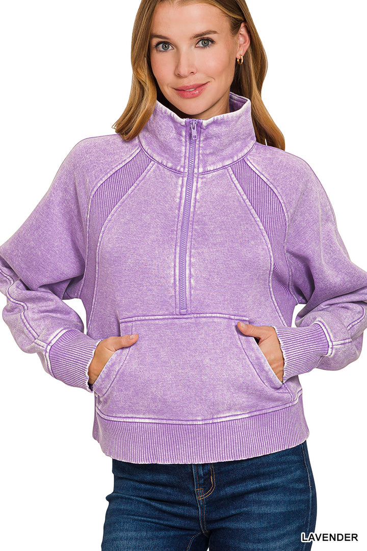 ACID WASHED HALF ZIP FLEECE PULLOVER KANGAROO POCKET