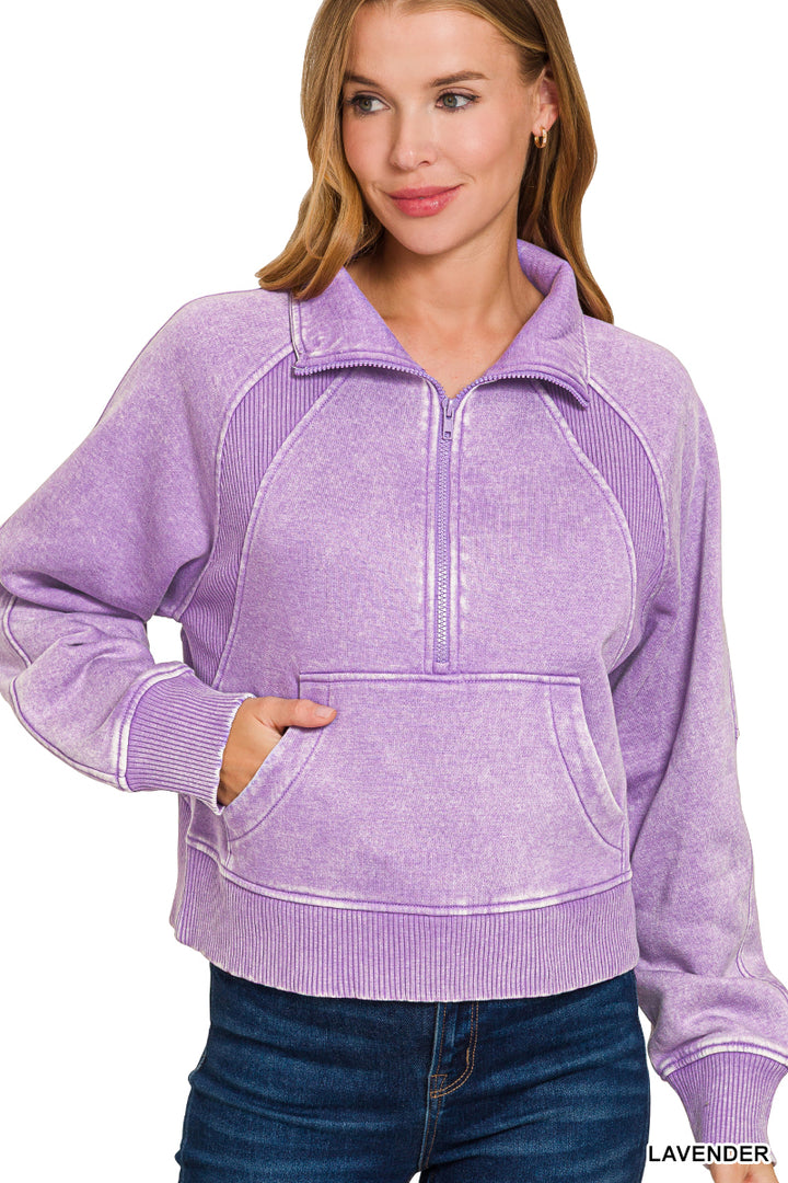 ACID WASHED HALF ZIP FLEECE PULLOVER KANGAROO POCKET