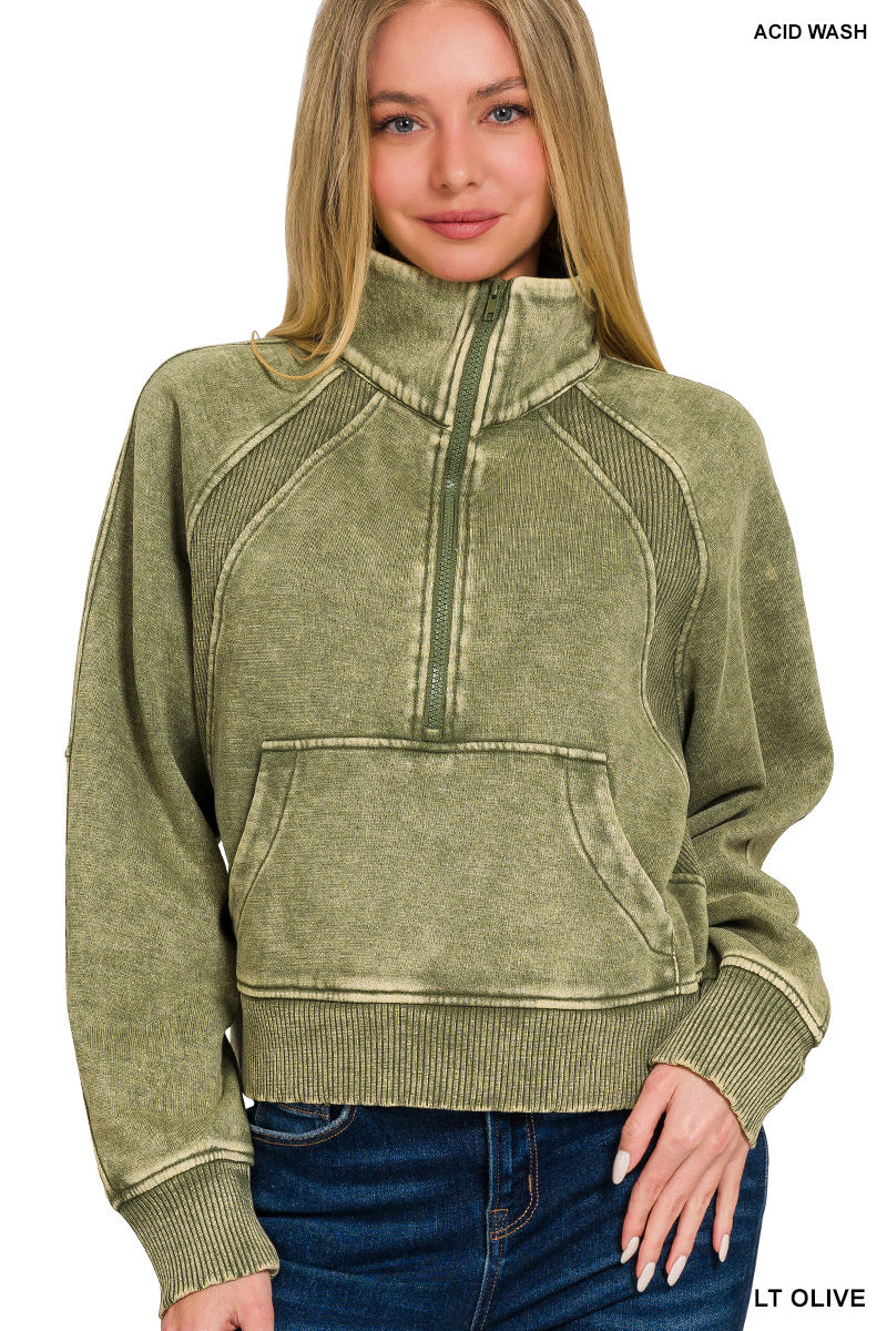 ACID WASHED HALF ZIP FLEECE PULLOVER KANGAROO POCKET
