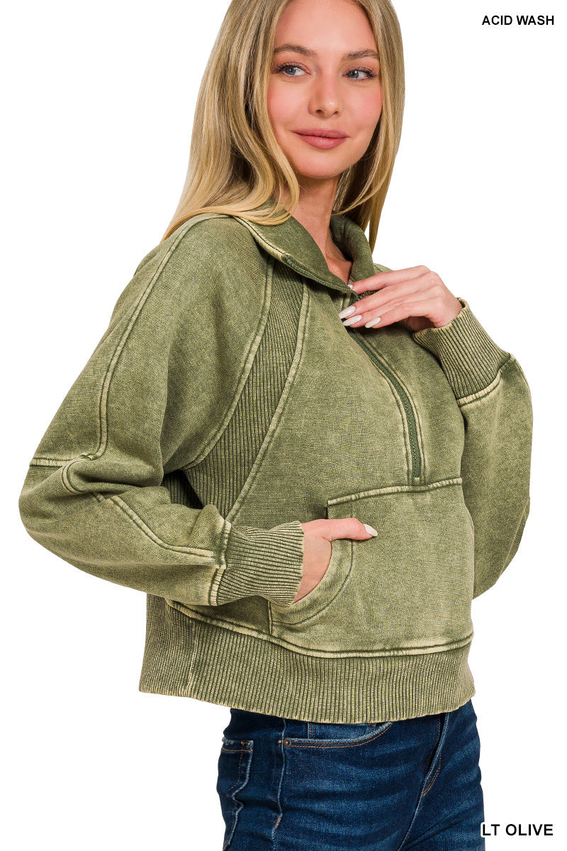 ACID WASHED HALF ZIP FLEECE PULLOVER KANGAROO POCKET