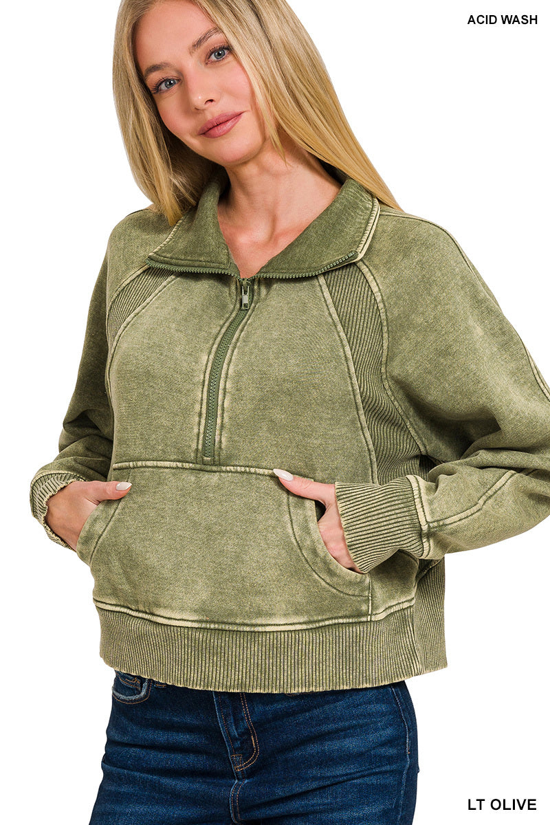 ACID WASHED HALF ZIP FLEECE PULLOVER KANGAROO POCKET