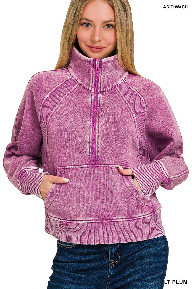 ACID WASHED HALF ZIP FLEECE PULLOVER KANGAROO POCKET