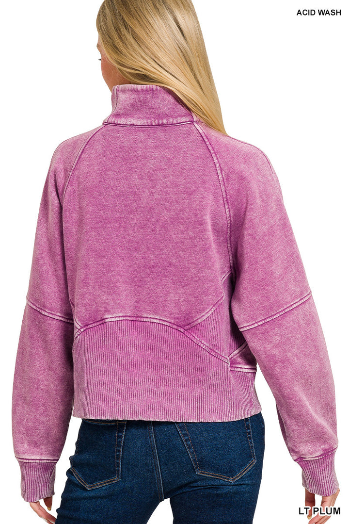 ACID WASHED HALF ZIP FLEECE PULLOVER KANGAROO POCKET