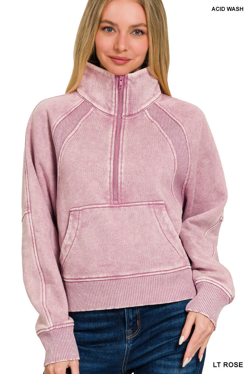 ACID WASHED HALF ZIP FLEECE PULLOVER KANGAROO POCKET