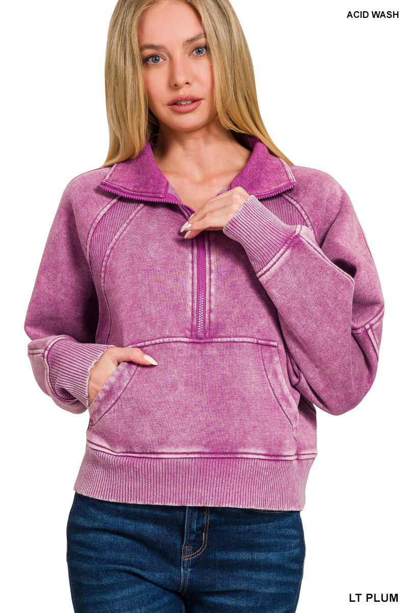 ACID WASHED HALF ZIP FLEECE PULLOVER KANGAROO POCKET