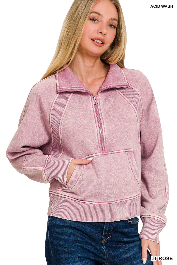 ACID WASHED HALF ZIP FLEECE PULLOVER KANGAROO POCKET