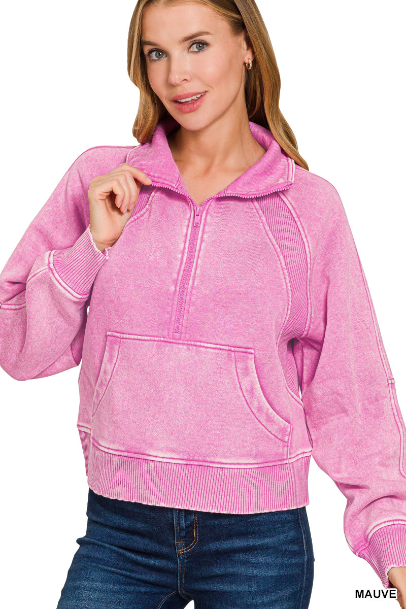 ACID WASHED HALF ZIP FLEECE PULLOVER KANGAROO POCKET