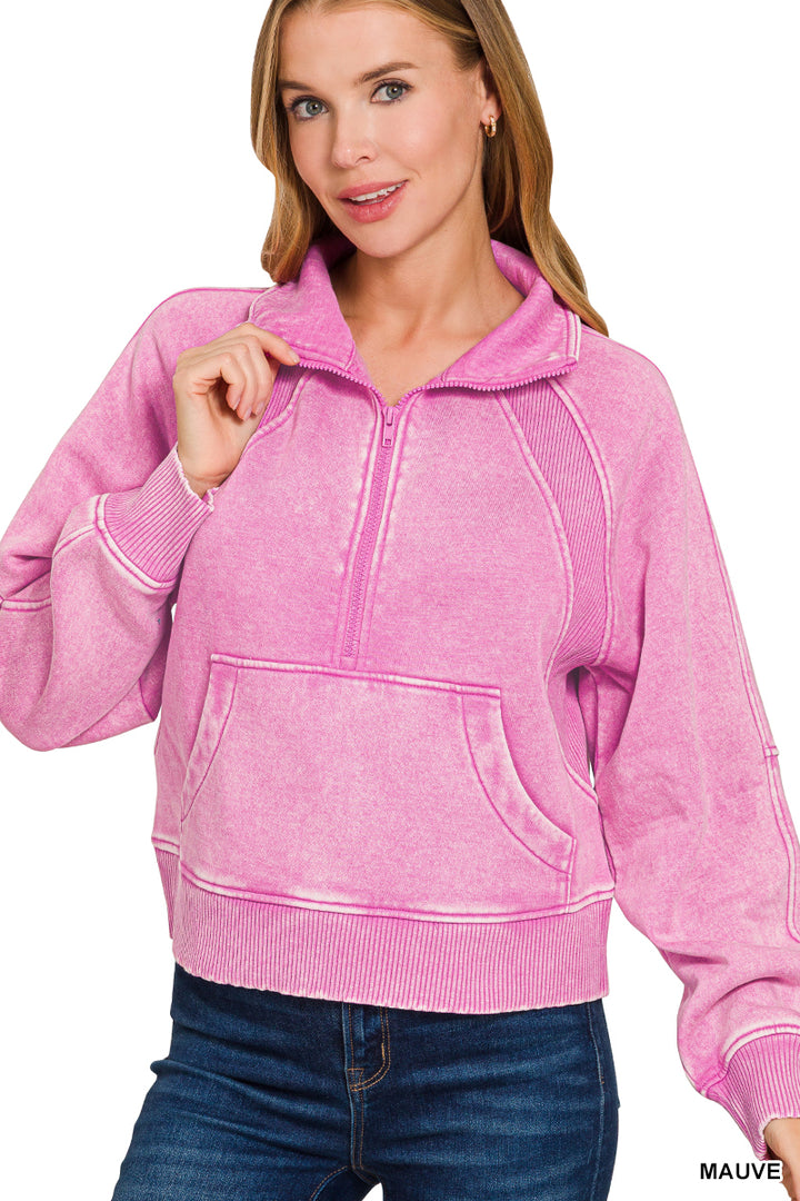 ACID WASHED HALF ZIP FLEECE PULLOVER KANGAROO POCKET