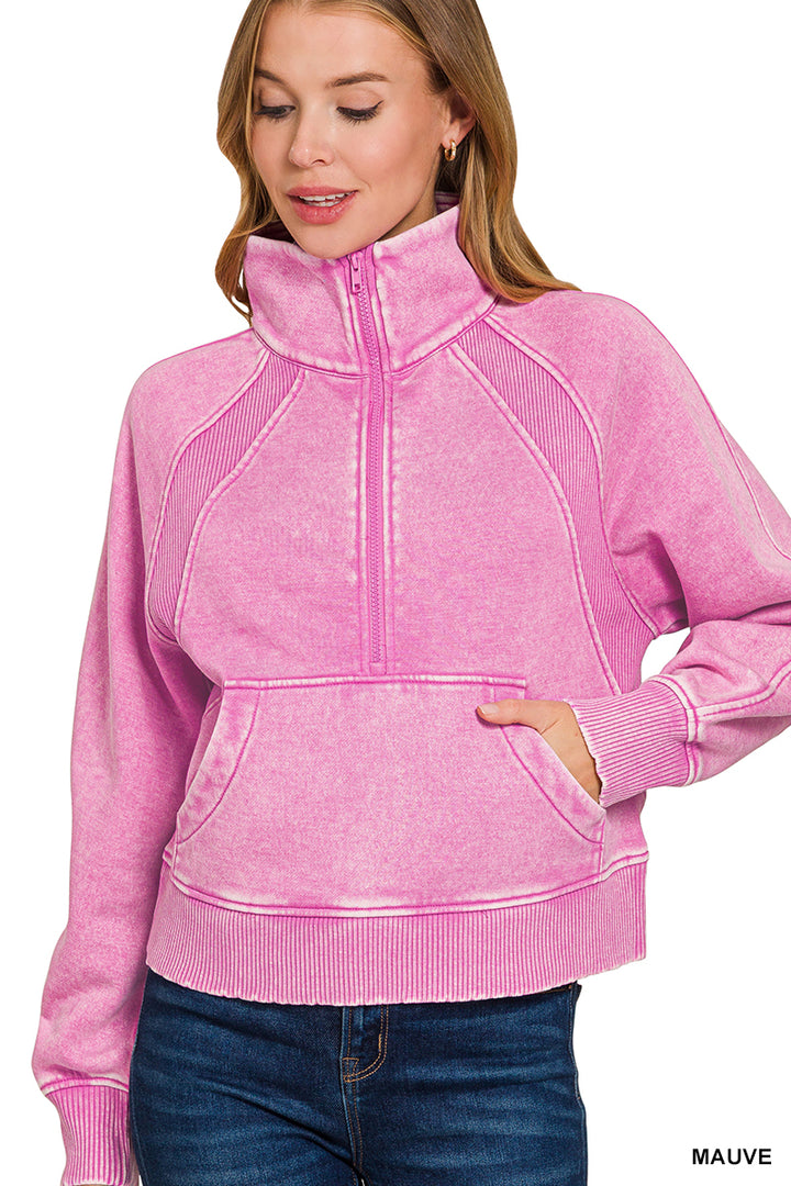 ACID WASHED HALF ZIP FLEECE PULLOVER KANGAROO POCKET