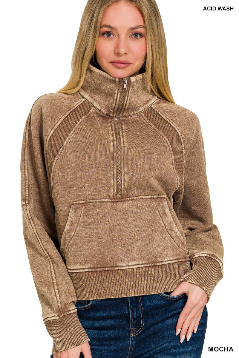 ACID WASHED HALF ZIP FLEECE PULLOVER KANGAROO POCKET