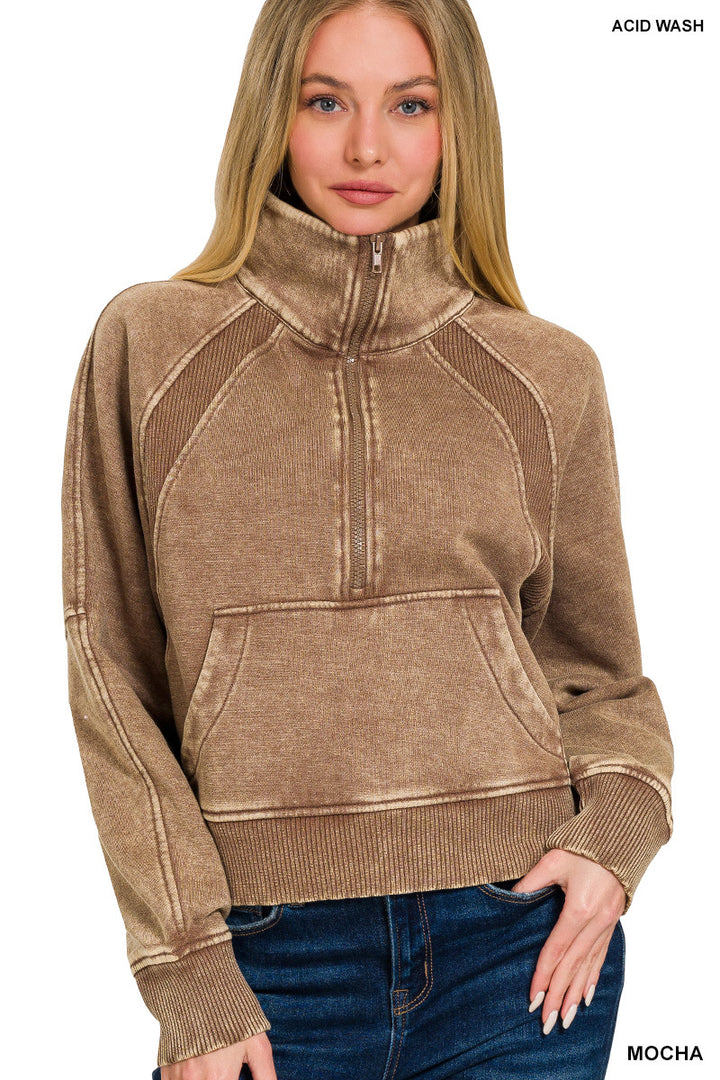 ACID WASHED HALF ZIP FLEECE PULLOVER KANGAROO POCKET