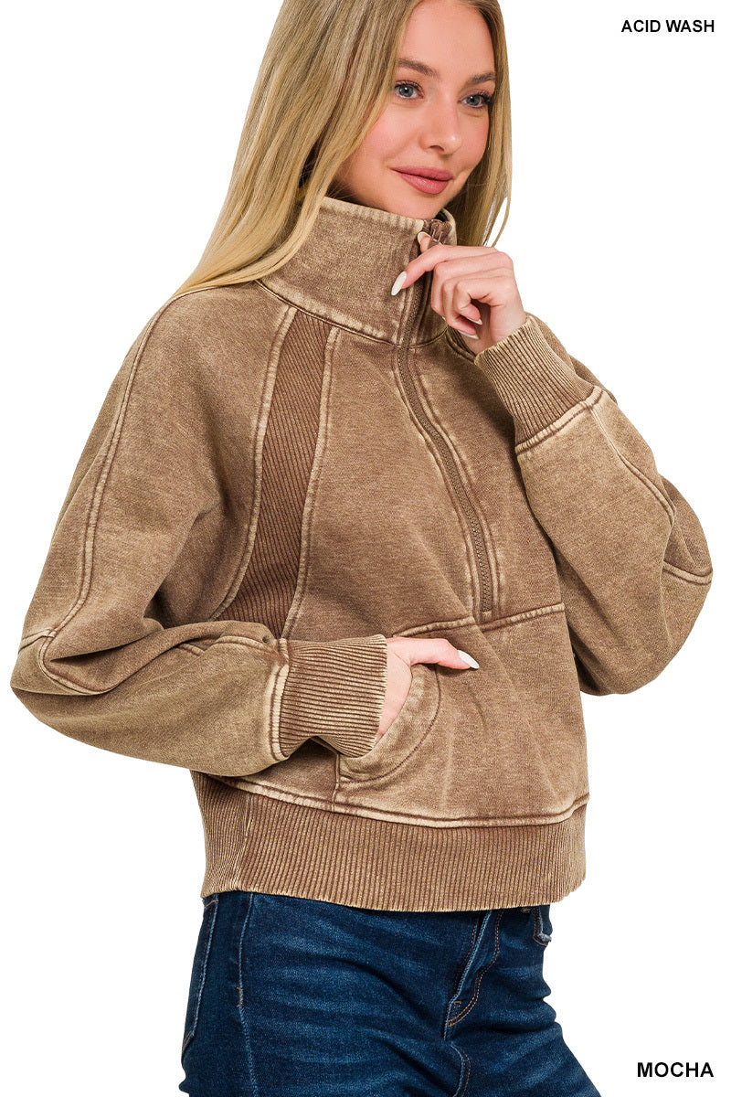 ACID WASHED HALF ZIP FLEECE PULLOVER KANGAROO POCKET