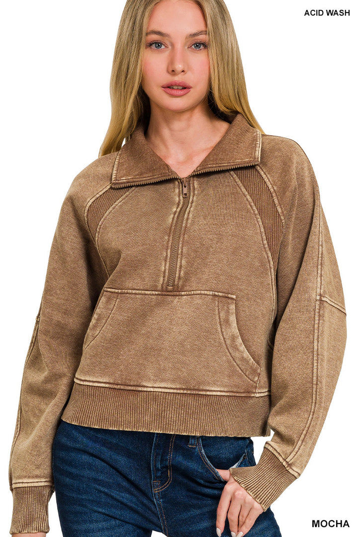 ACID WASHED HALF ZIP FLEECE PULLOVER KANGAROO POCKET