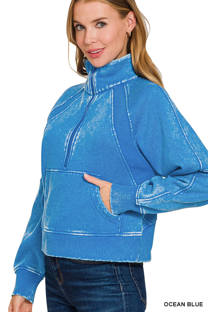 ACID WASHED HALF ZIP FLEECE PULLOVER KANGAROO POCKET