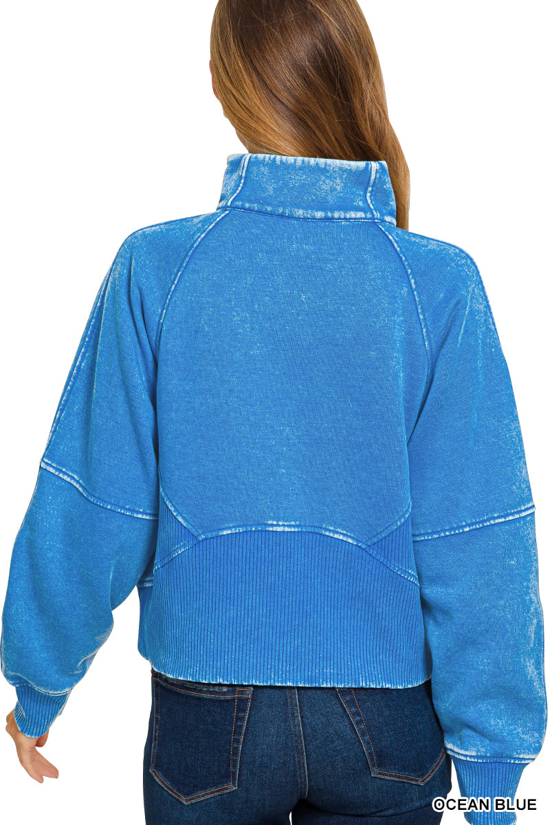 ACID WASHED HALF ZIP FLEECE PULLOVER KANGAROO POCKET
