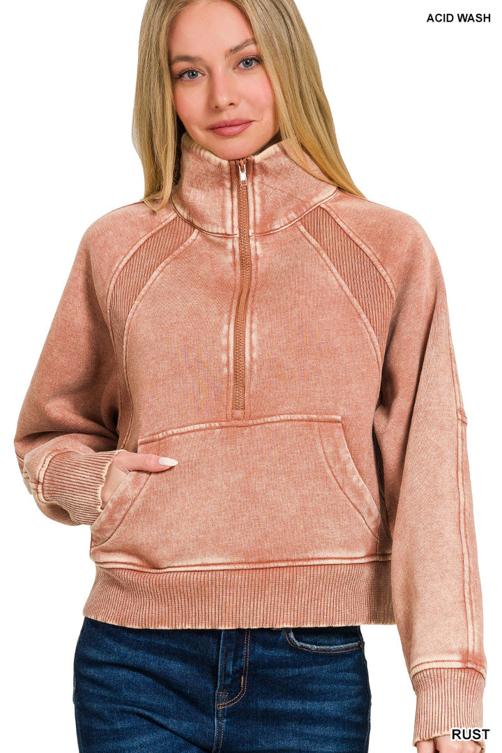 ACID WASHED HALF ZIP FLEECE PULLOVER KANGAROO POCKET
