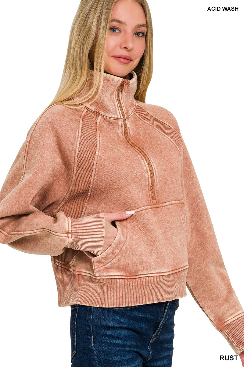 ACID WASHED HALF ZIP FLEECE PULLOVER KANGAROO POCKET