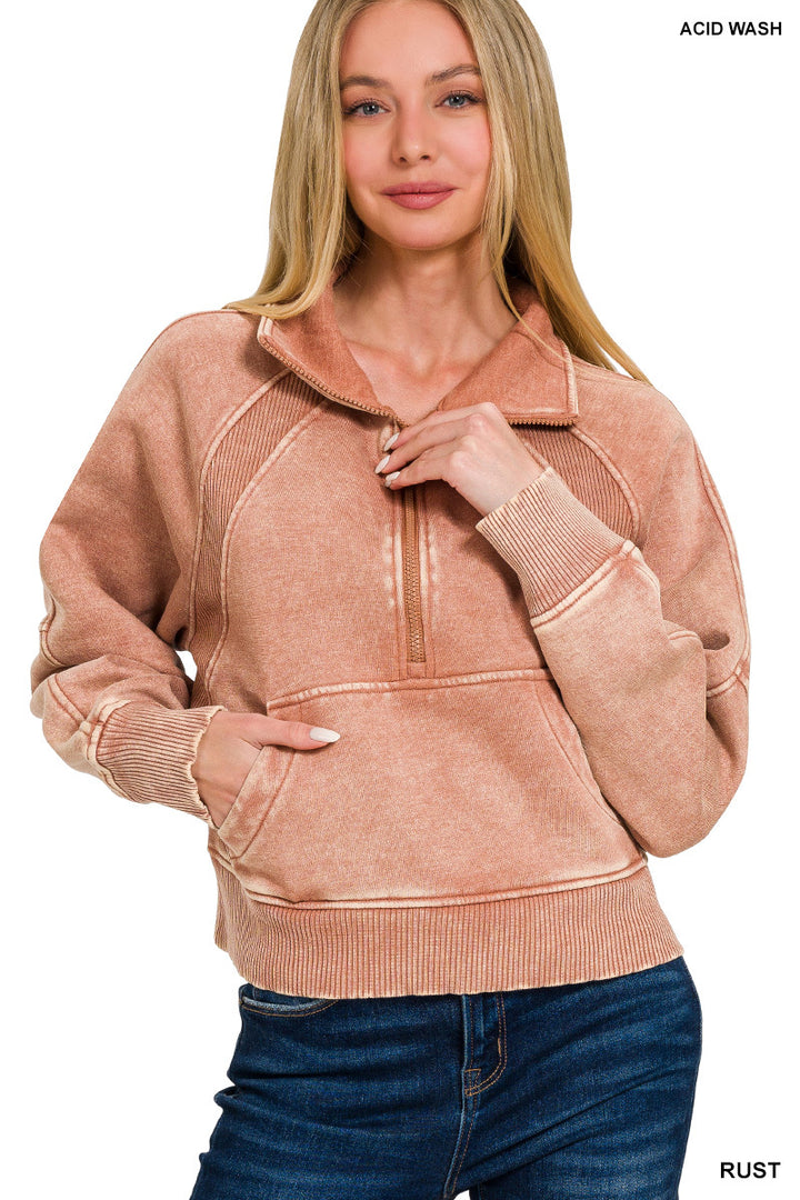 ACID WASHED HALF ZIP FLEECE PULLOVER KANGAROO POCKET