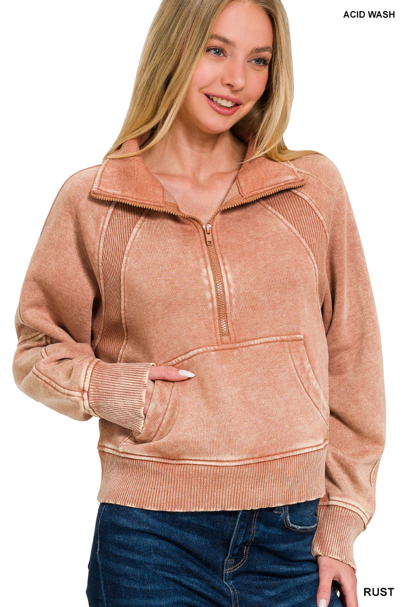 ACID WASHED HALF ZIP FLEECE PULLOVER KANGAROO POCKET