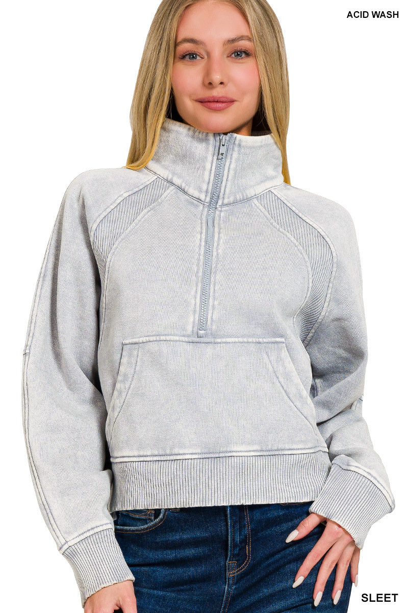 ACID WASHED HALF ZIP FLEECE PULLOVER KANGAROO POCKET