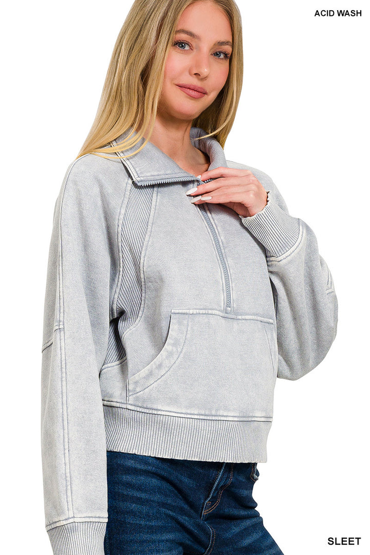 ACID WASHED HALF ZIP FLEECE PULLOVER KANGAROO POCKET