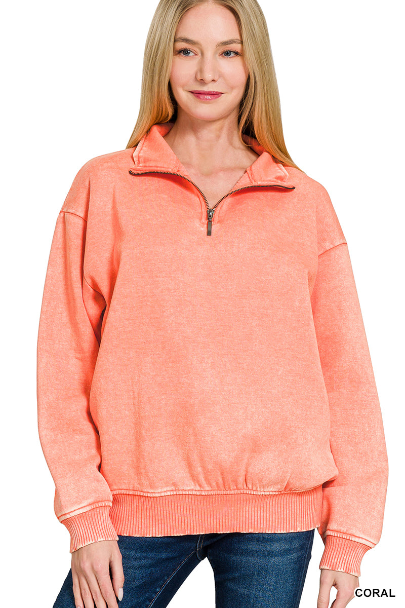 ACID WASH FLEECE HALF ZIP PULLOVER