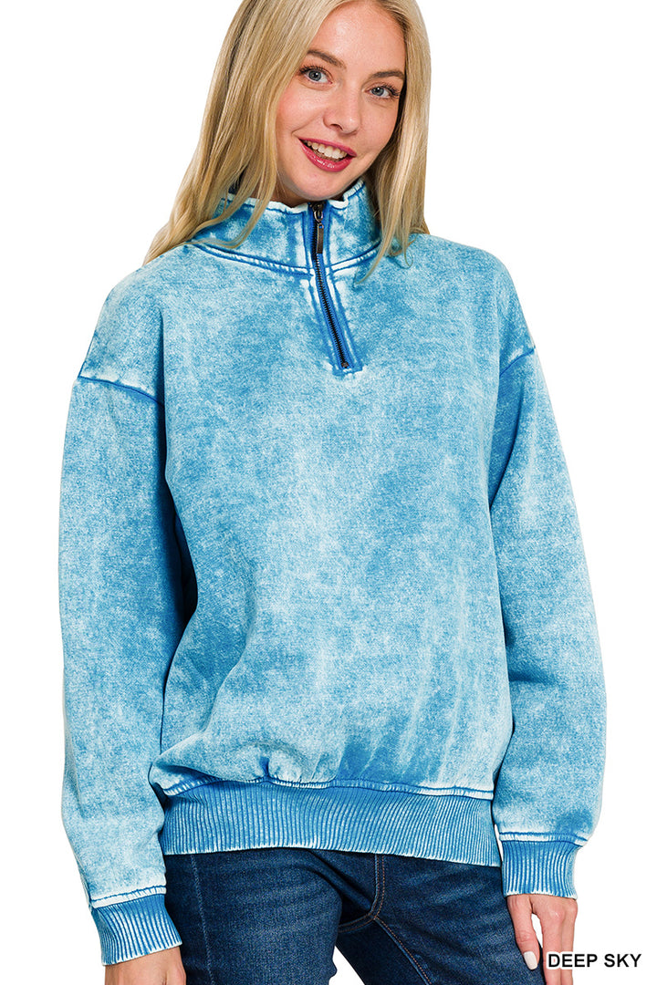 ACID WASH FLEECE HALF ZIP PULLOVER