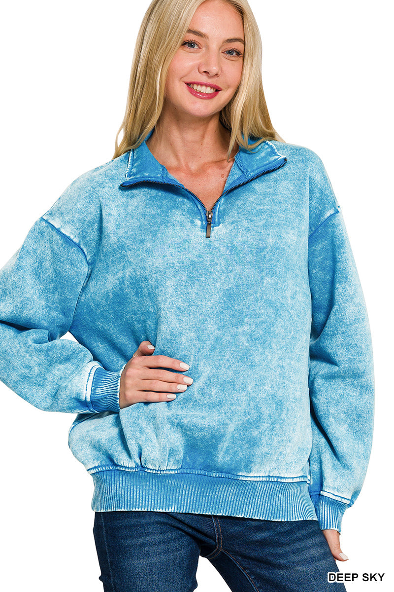 ACID WASH FLEECE HALF ZIP PULLOVER