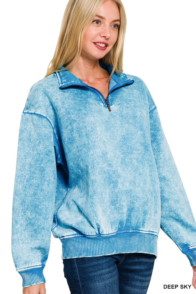 ACID WASH FLEECE HALF ZIP PULLOVER
