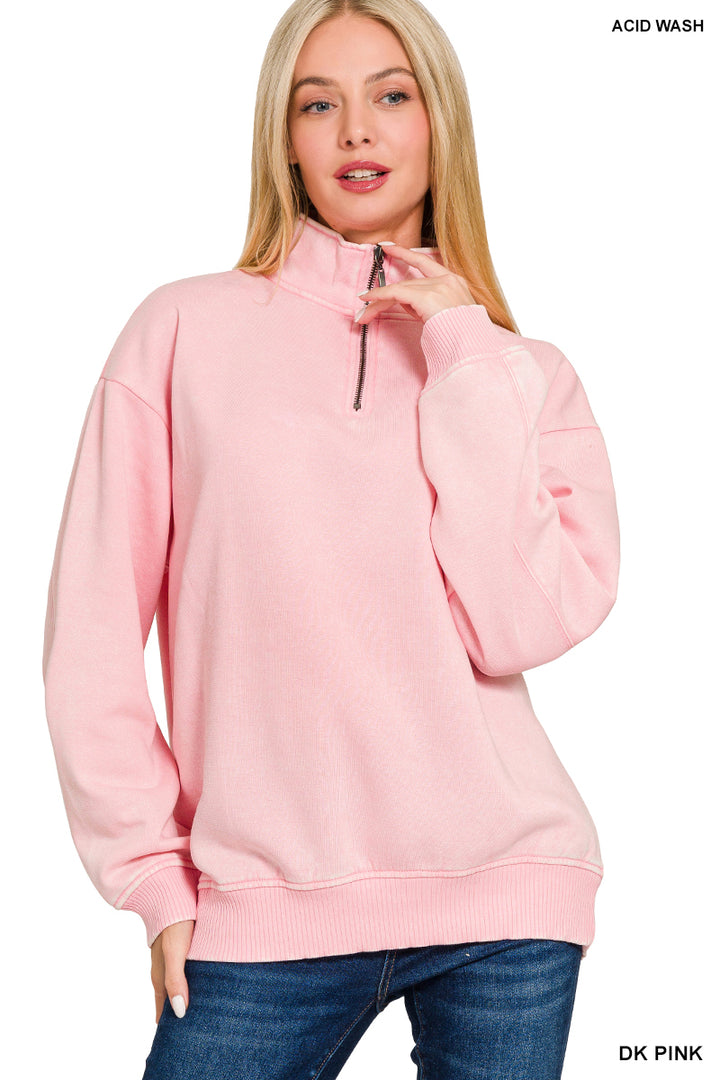 ACID WASH FLEECE HALF ZIP PULLOVER