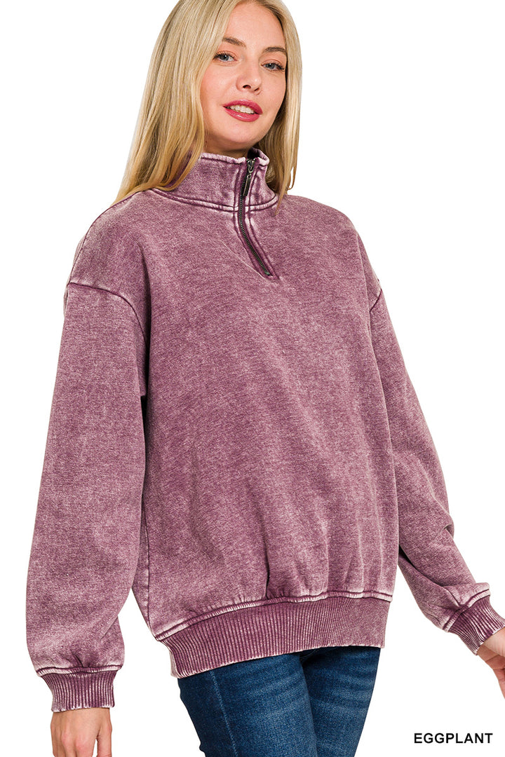 ACID WASH FLEECE HALF ZIP PULLOVER