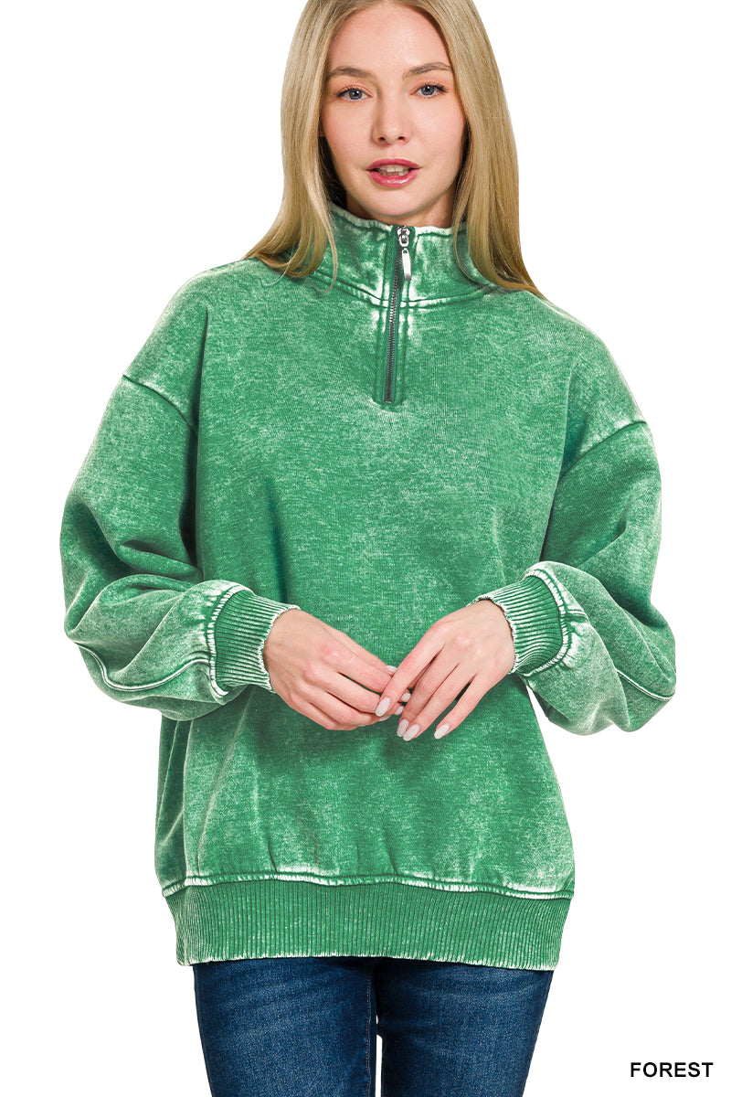 ACID WASH FLEECE HALF ZIP PULLOVER