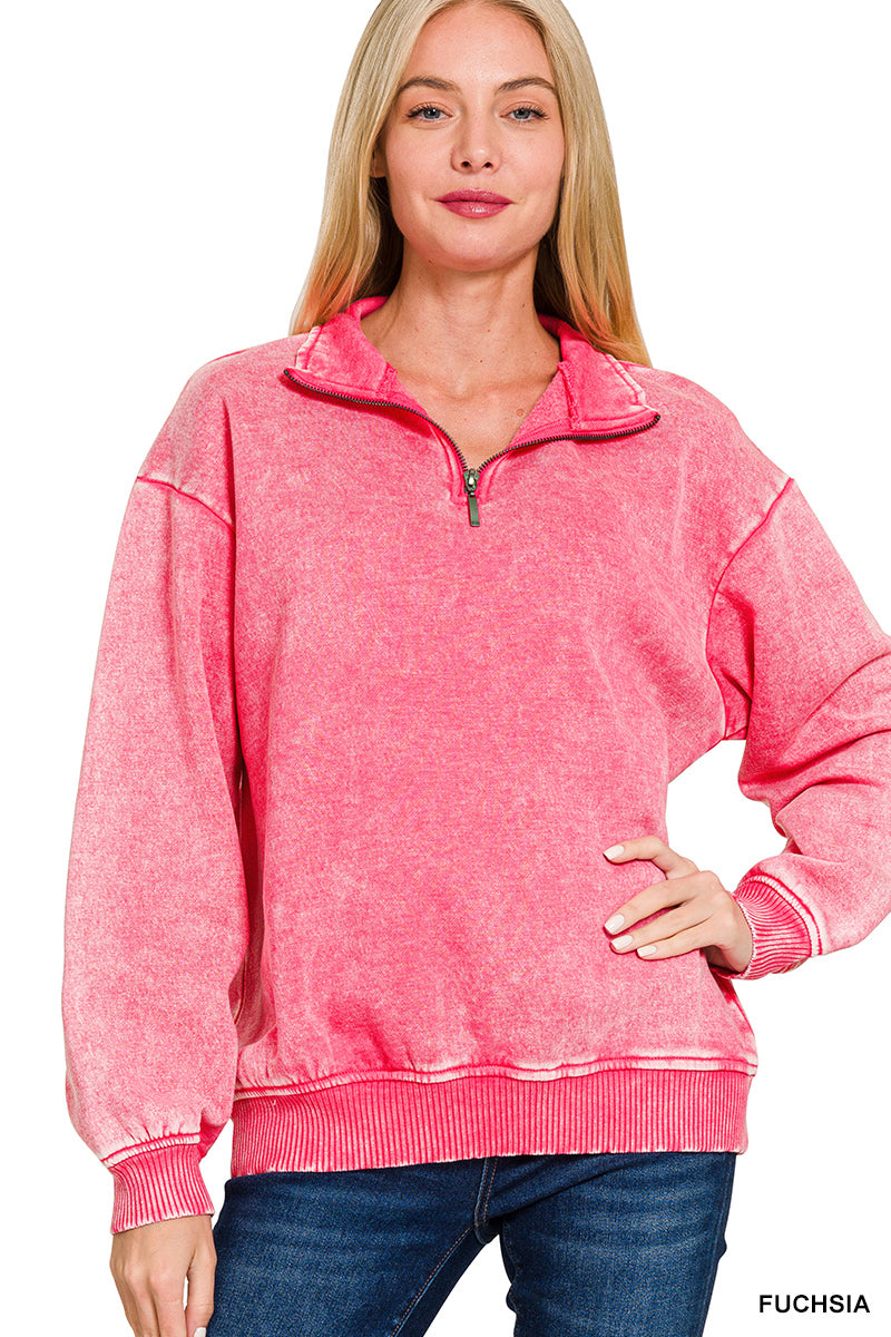 ACID WASH FLEECE HALF ZIP PULLOVER