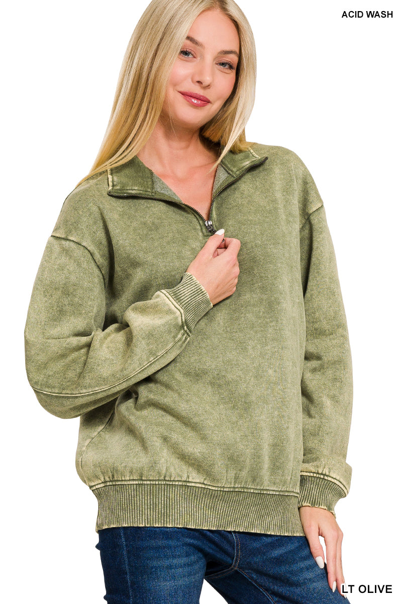 ACID WASH FLEECE HALF ZIP PULLOVER