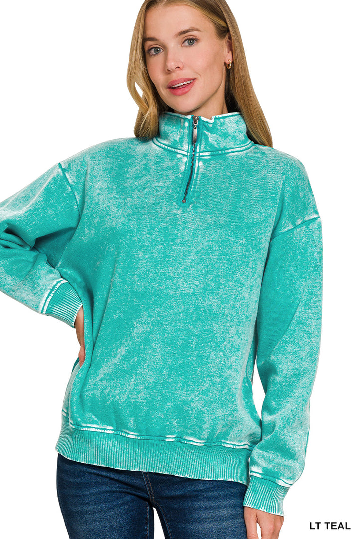 ACID WASH FLEECE HALF ZIP PULLOVER