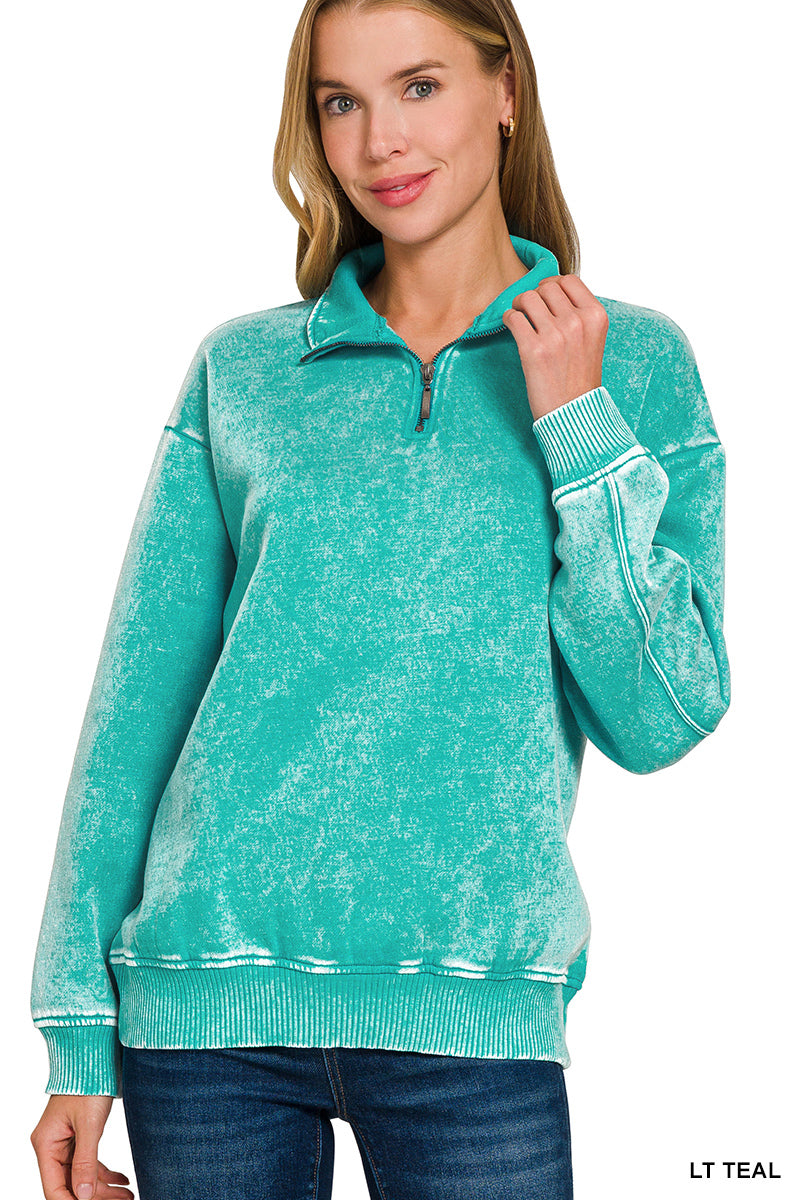 ACID WASH FLEECE HALF ZIP PULLOVER