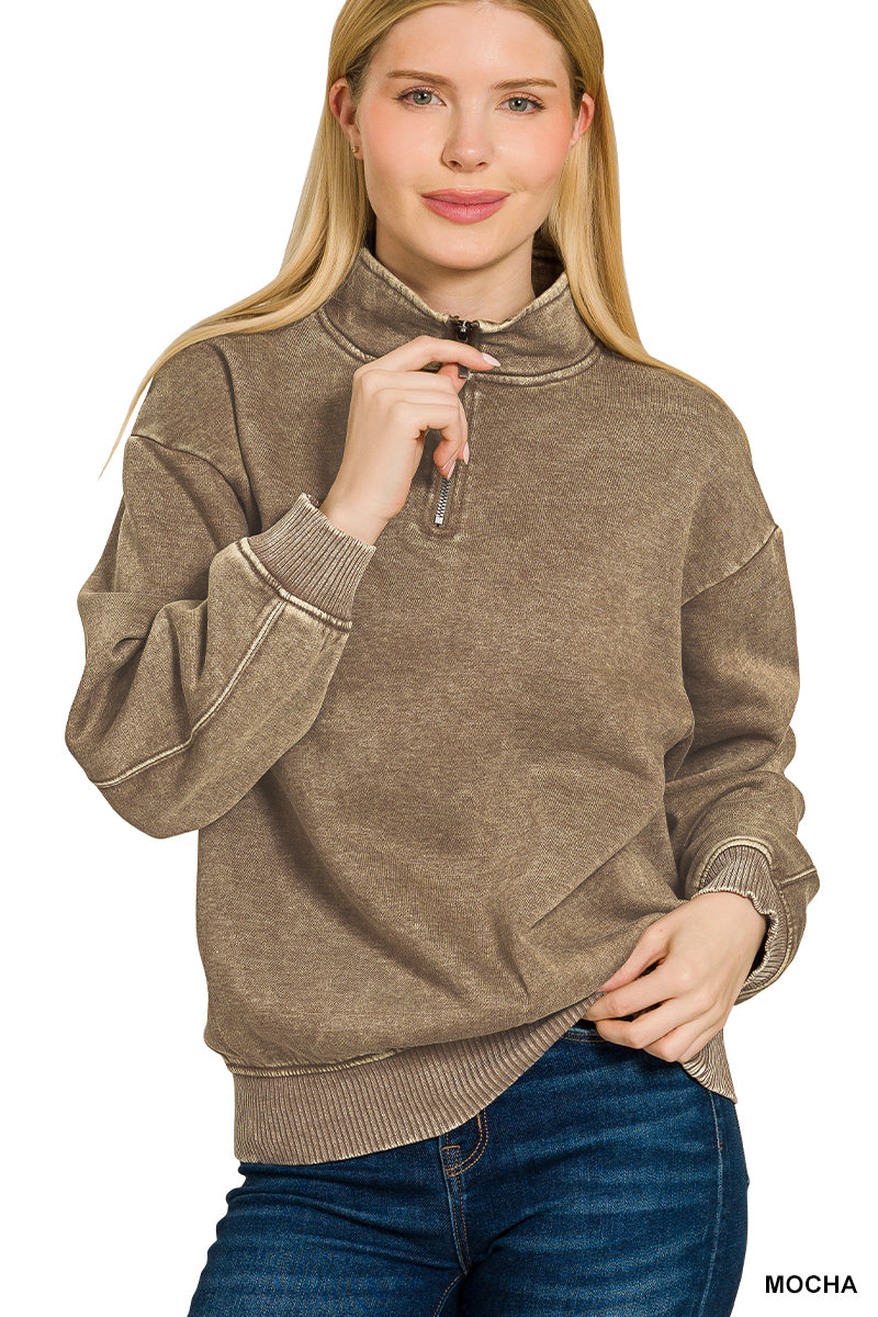 ACID WASH FLEECE HALF ZIP PULLOVER