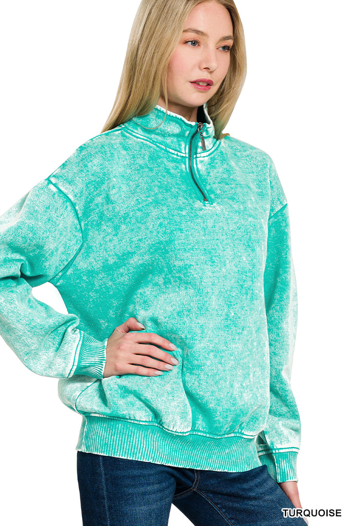 ACID WASH FLEECE HALF ZIP PULLOVER