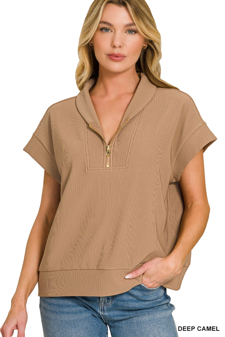 RIBBED HIGH NECK HALF ZIP TOP
