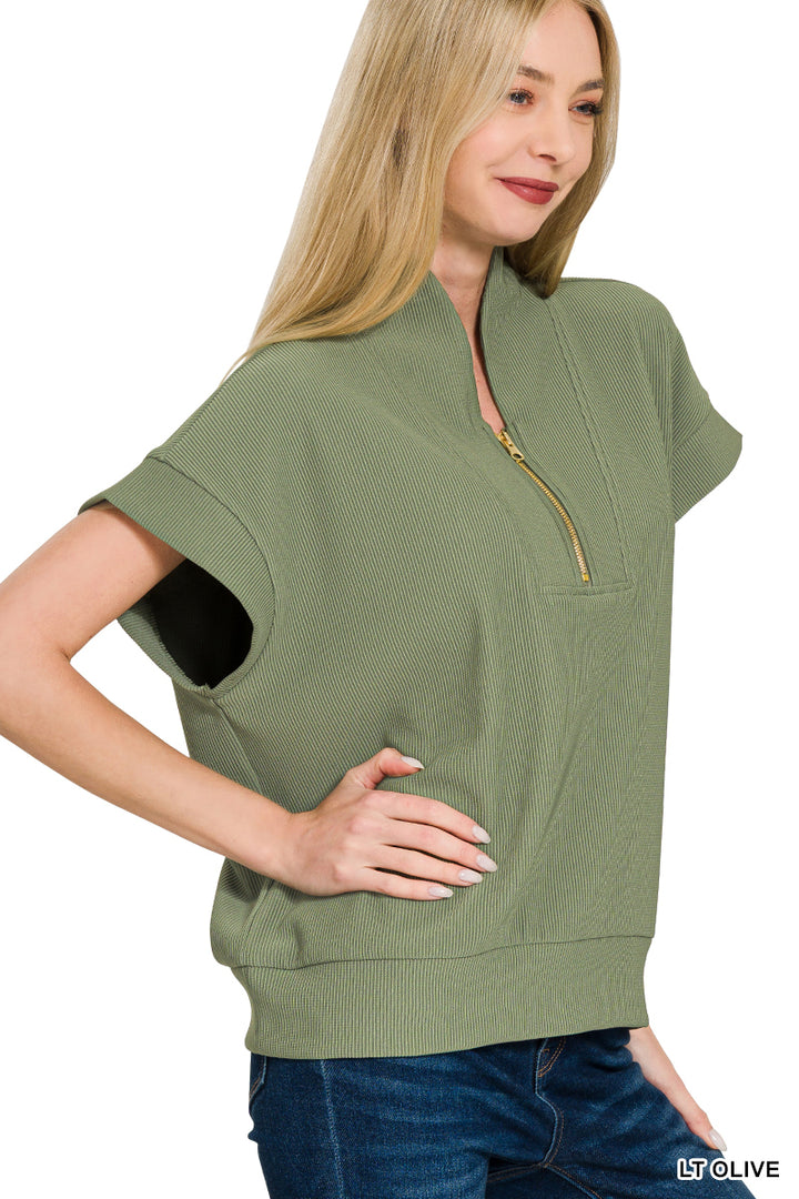 RIBBED HIGH NECK HALF ZIP TOP