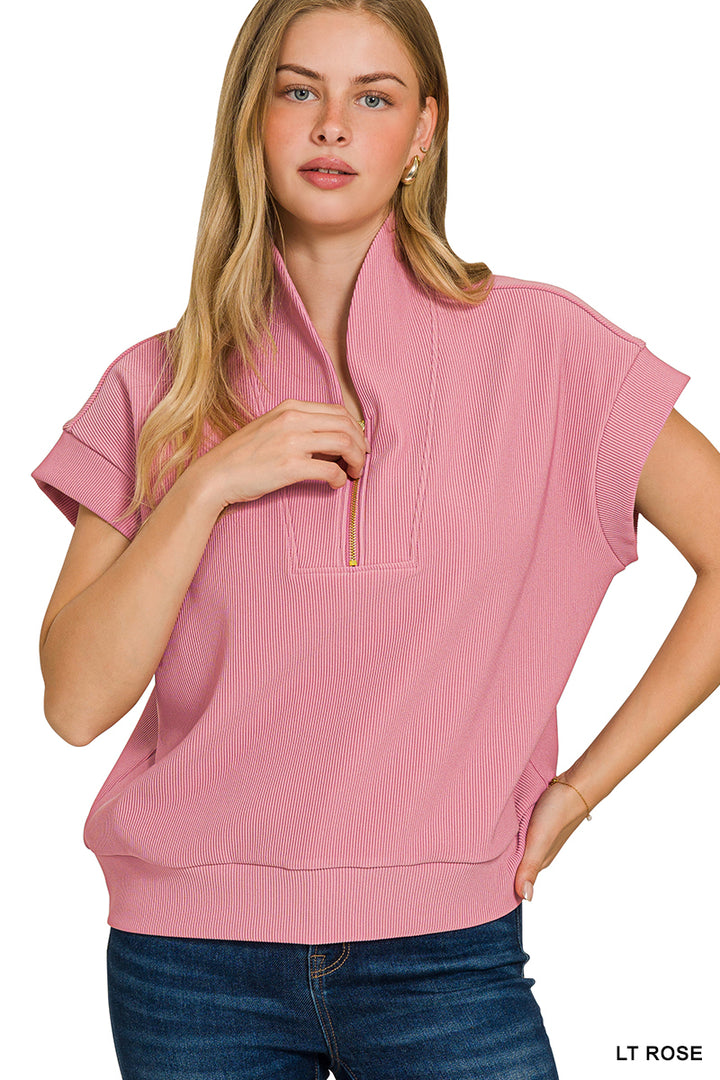 RIBBED HIGH NECK HALF ZIP TOP