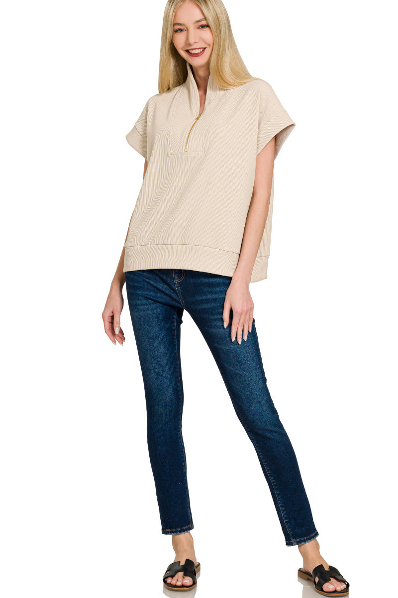 RIBBED HIGH NECK HALF ZIP TOP