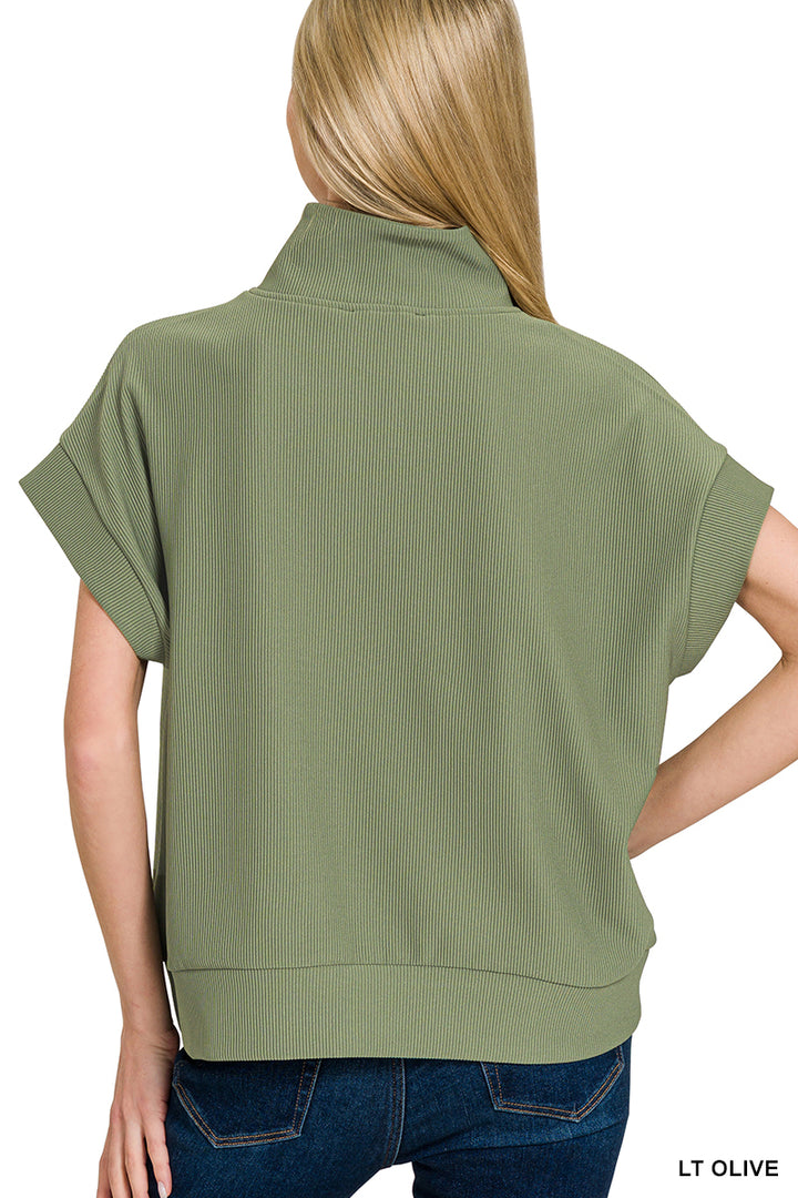 RIBBED HIGH NECK HALF ZIP TOP