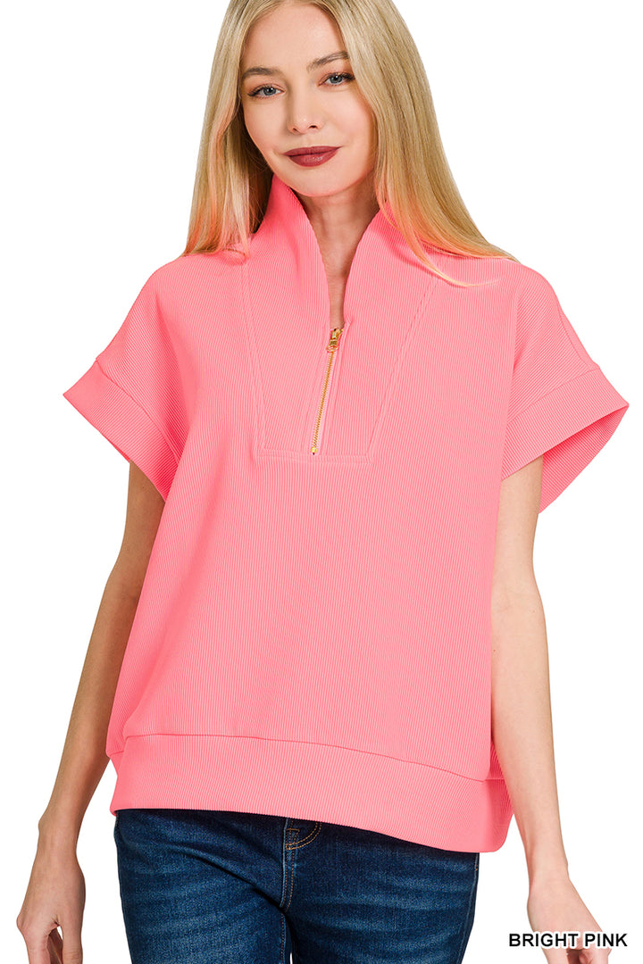 RIBBED HIGH NECK HALF ZIP TOP