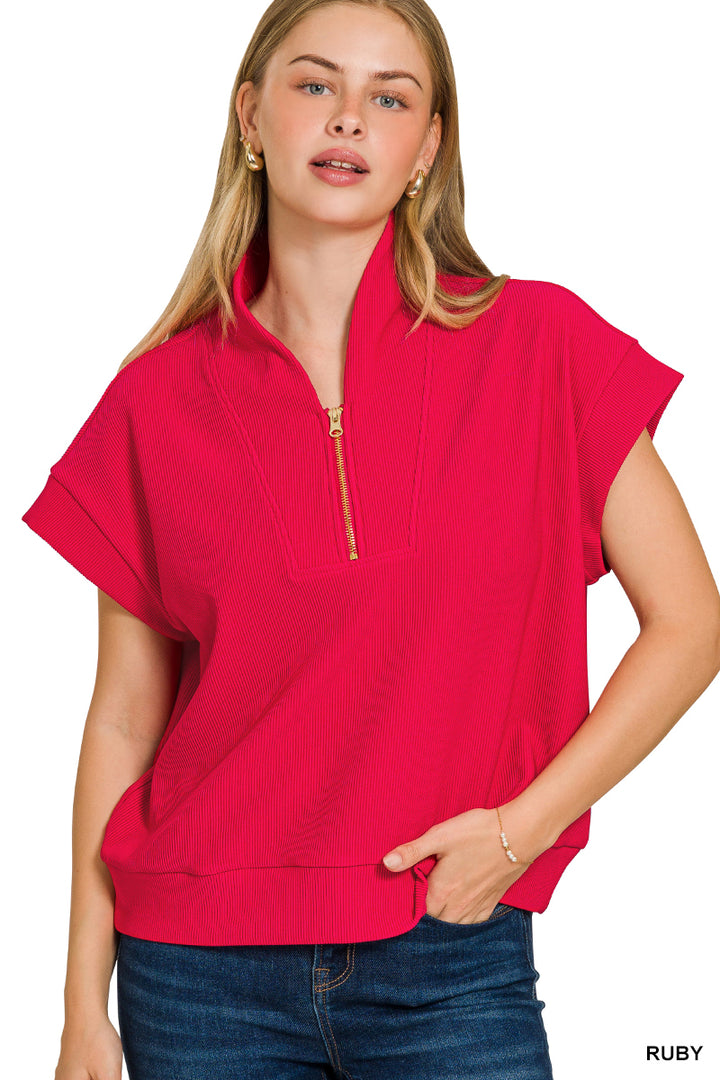 RIBBED HIGH NECK HALF ZIP TOP