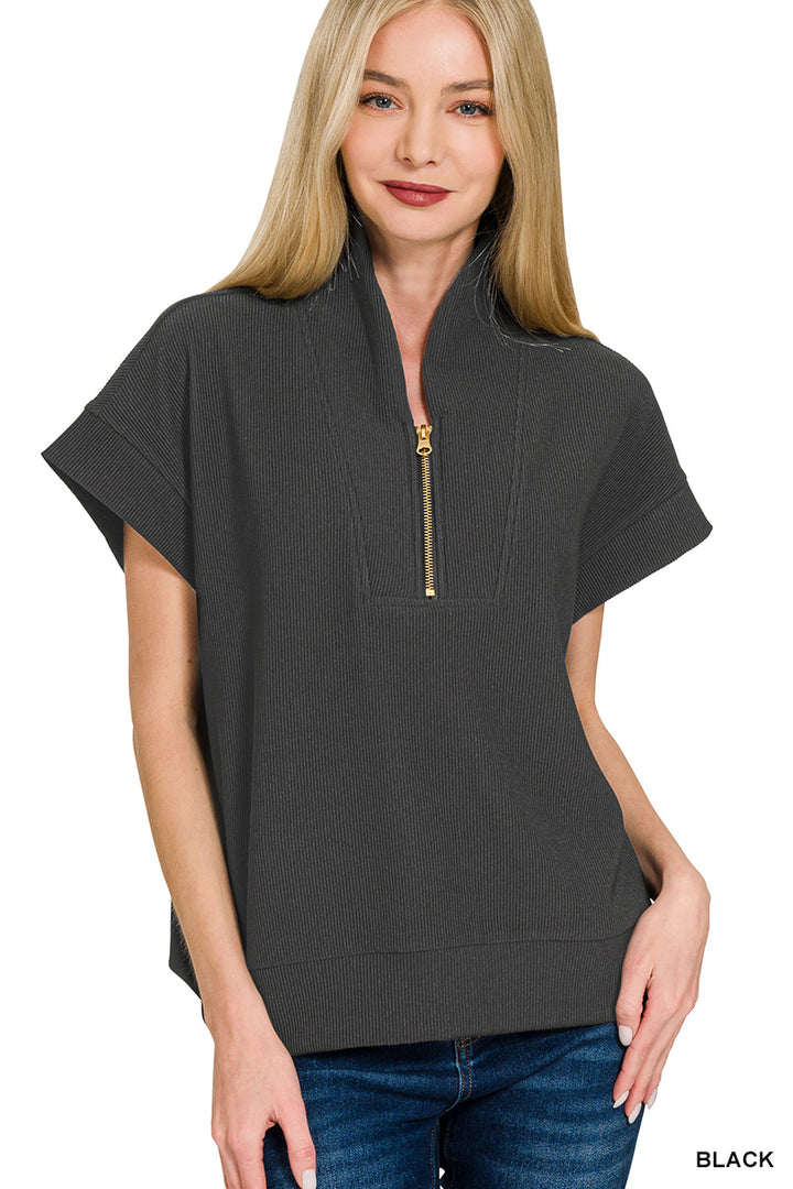RIBBED HIGH NECK HALF ZIP TOP