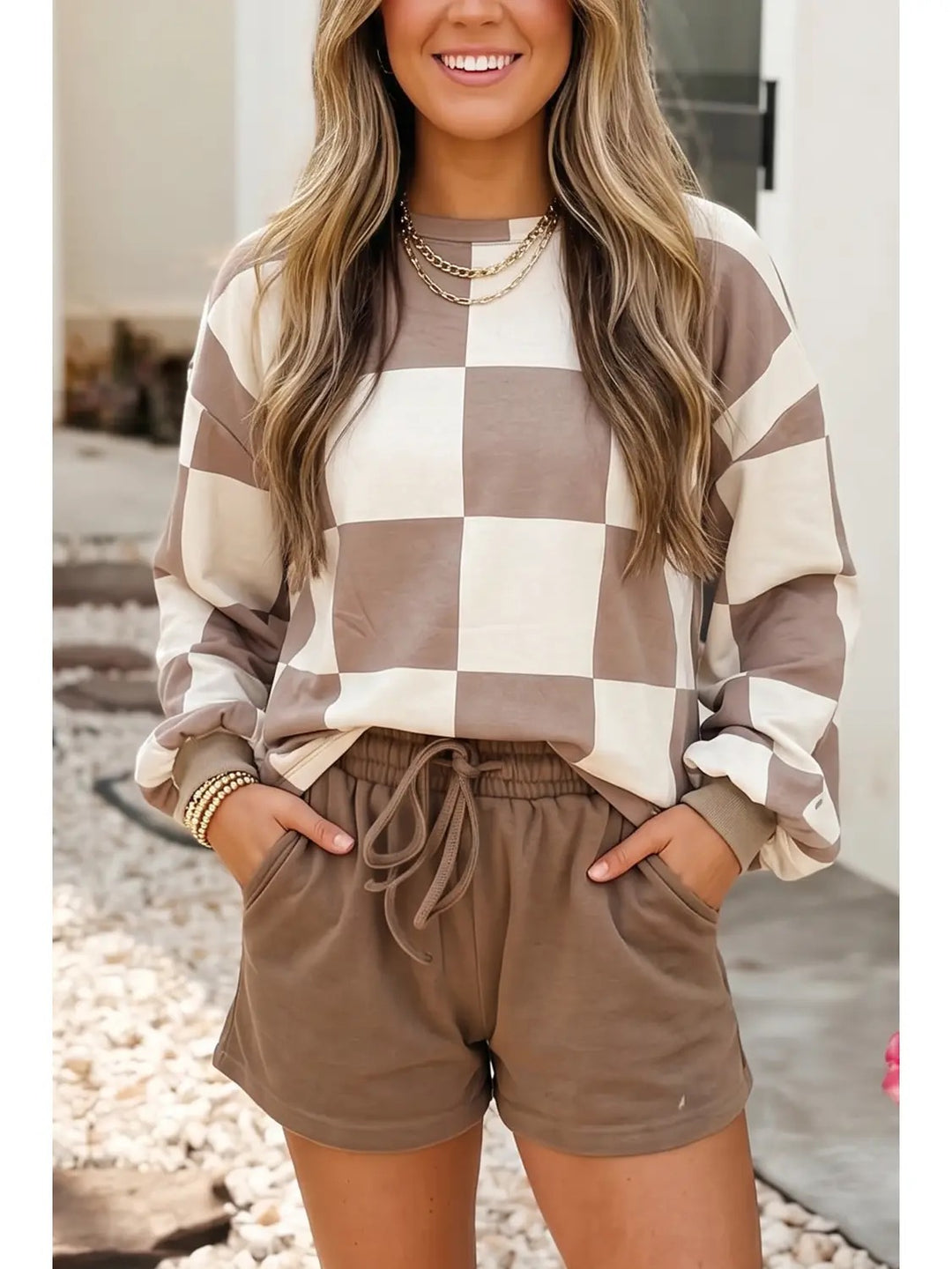 Plaid Colorblock Long Sleeve Two Piece Shorts Set