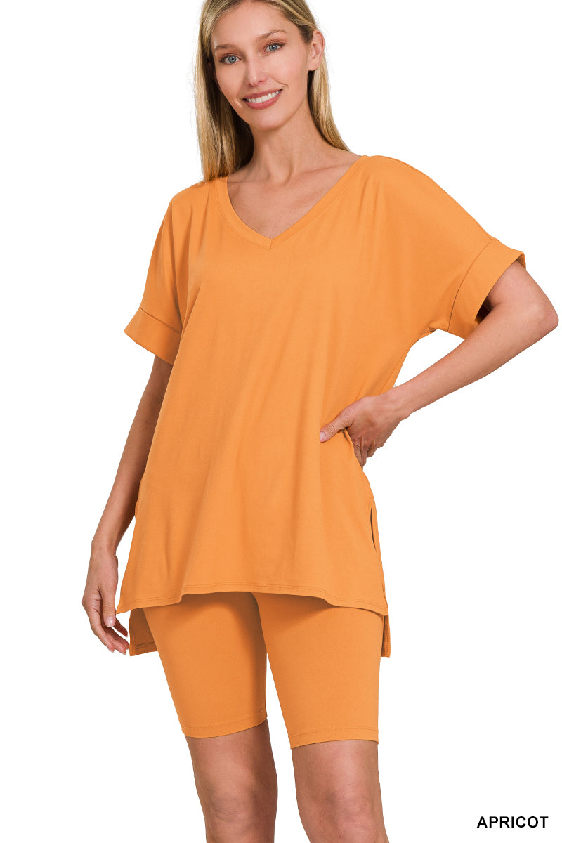 Brushed dty microfiber v-neck top &amp; biker shorts